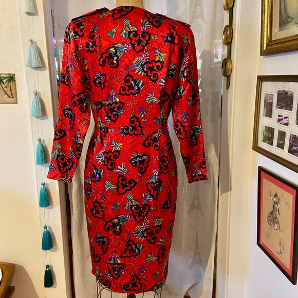 vtg 80s ADRIANNA PAPELL Red Tassel Print Silk Cocktail Dress Mod Wife Baroque 6 - Picture 8 of 10